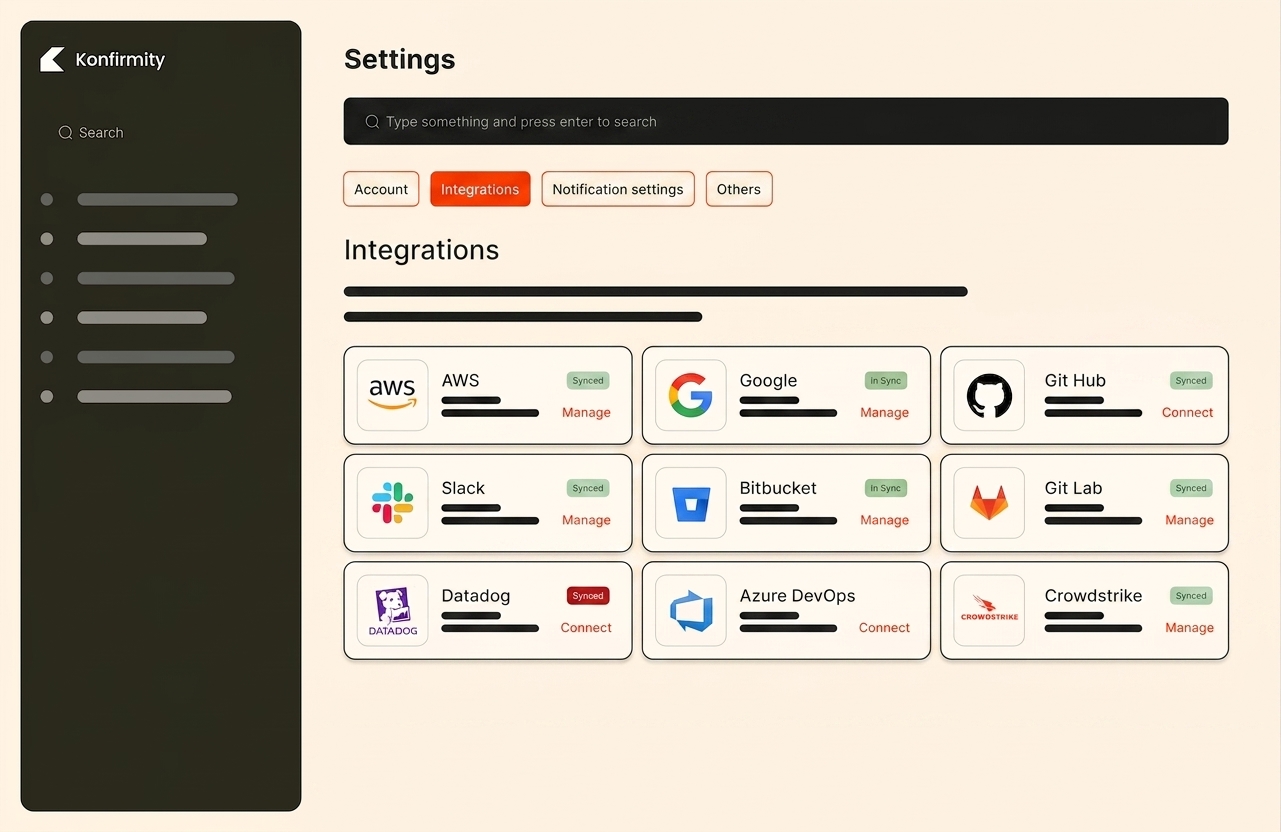 Konfirmity integrations settings with connected cloud and identity providers