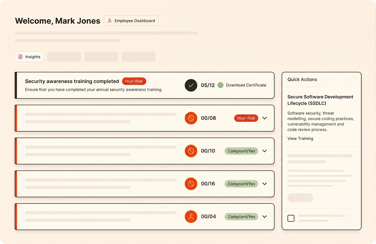 Konfirmity employee dashboard with training progress and compliance status