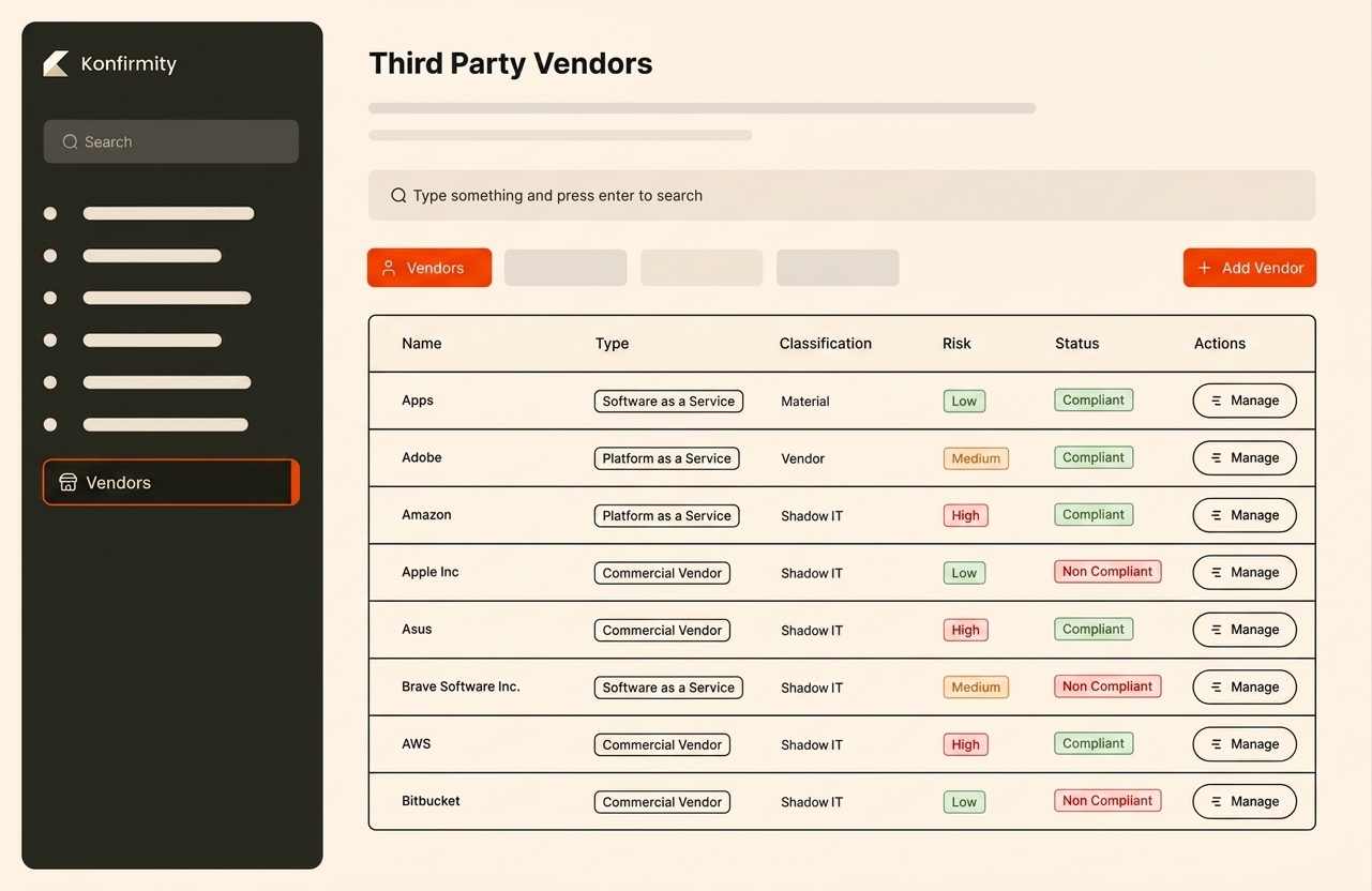 Konfirmity third-party vendor dashboard showing vendor list with risk and compliance status