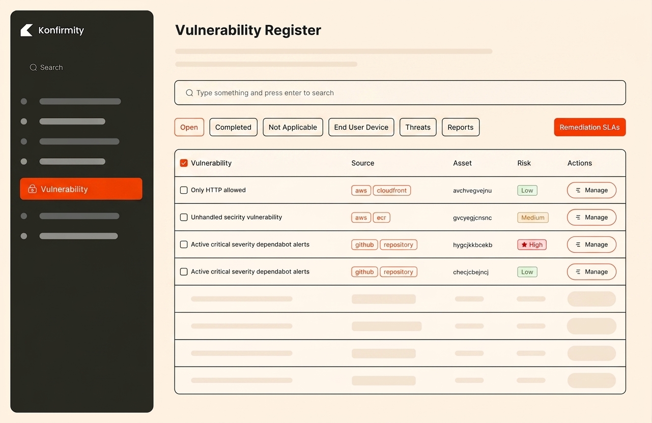 Konfirmity vulnerability management dashboard with severity tracking